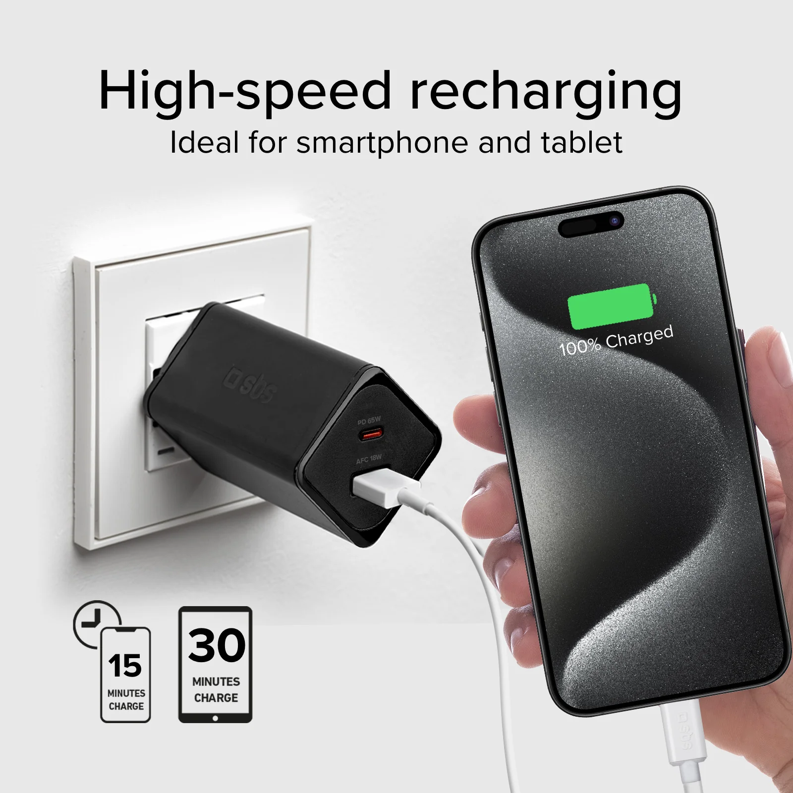 Caricabatterie da parete GaN 65 Watt, 1 USB-C PD, 1 USB-A Adaptive Fast Charge - Image 10